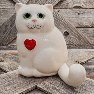 Ceramic Green Eyes Cat w/ Hook Tail & Heart, Wall Hook or Tabletop Decor